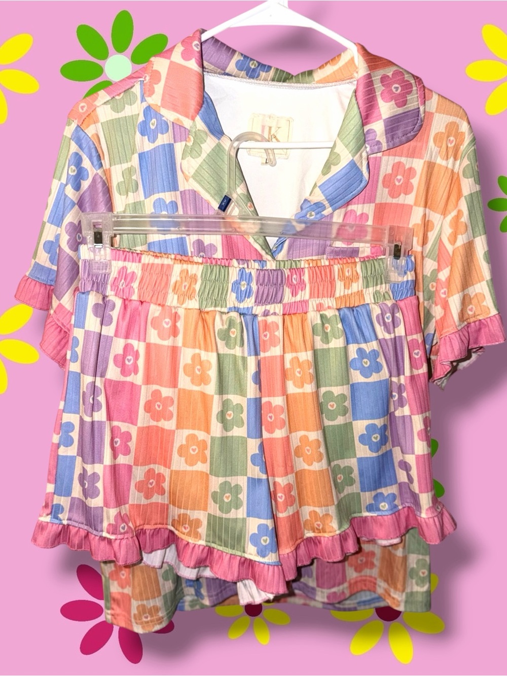 🌸JK Pastel Floral Check Poplin Top & Shorts Set